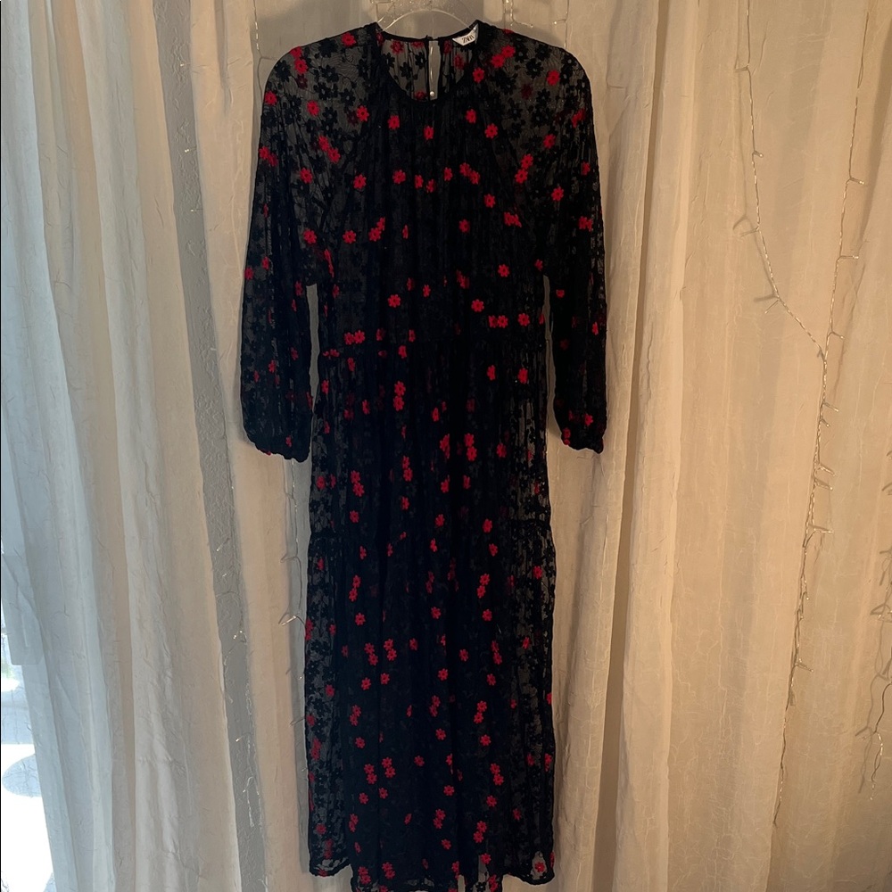 Zara Black Sheer Dress with Red Floral Accents